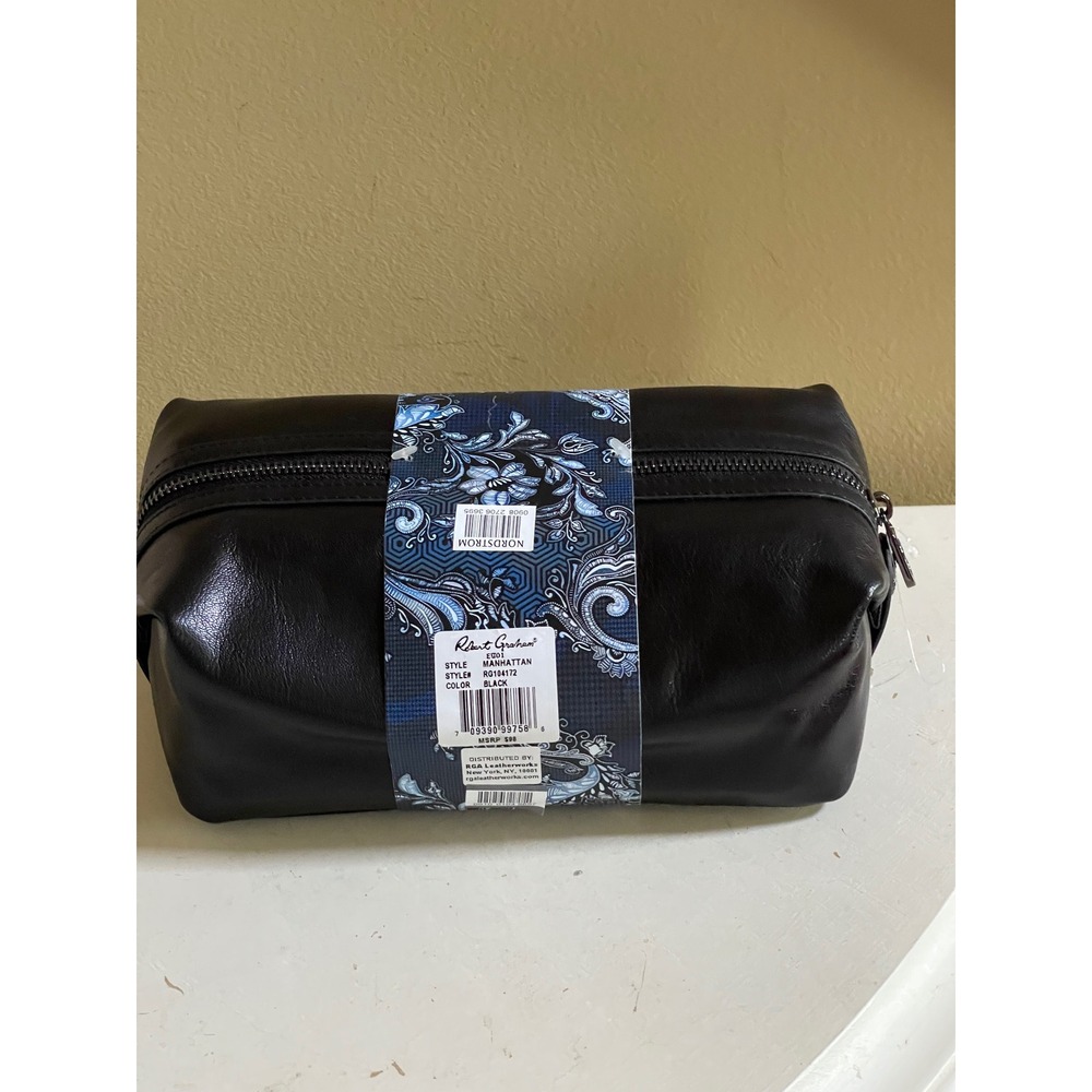 Robert Graham Manhattan Black Genuine Leather Toiletry Bag Dopp Kit NEW